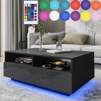 $149.99 • Buy LED Coffee Table With Storage 4 Drawers Open Shelves Modern Glossy Center Table