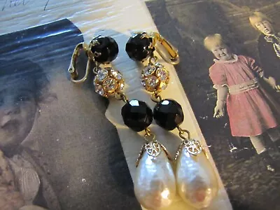 Miriam Haskell Baroque Pearl Black Crystal Rhinestone Earrings • $69