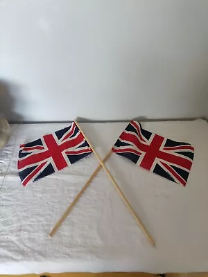 Vintage Union Jack Two Hand Held Flags British Made Printed Cotton WW2 50's Era • £18