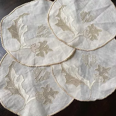 Fine Antique Linen Embroidered Doily Set 4 Piece Coasters Applique Monogrammed • $36