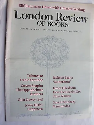 LONDON REVIEW OF BOOKS September 23 2010 Frank Kermode Oppenheimer Billy Collins • £8.50