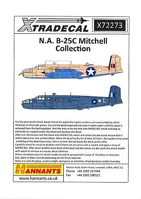 Xtra Decals 1/72 NORTH AMERICAN B-25C MITCHELL American WWII Medium Bomber • $13.50