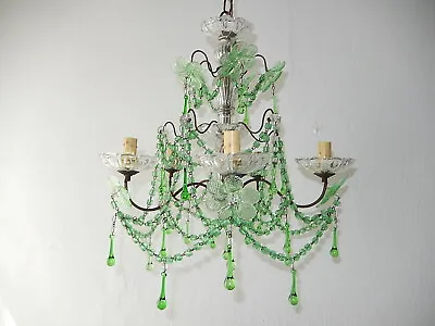 ~c1920 French Green Murano Glass Chandelier Crystal Chains Flowers Rare OLD~ • £2409.71