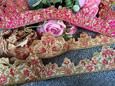 £6.99 • Buy 1m 8cm-4cm Wide Assorted Gold Indian Scalloped Flower Embroidery Trim Ribbon