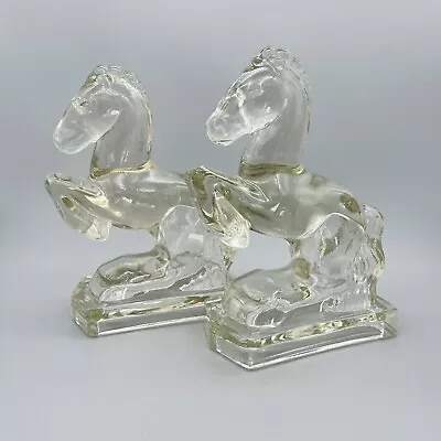 Vintage Art Deco L.E. SMITH Rearing Horse Clear Heavy Glass Bookend Pair C1940's • $29.99