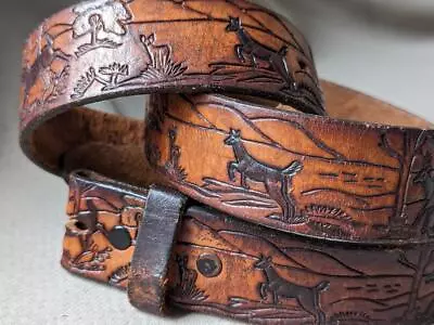Vintage HAND TOOLED Buckle Belt 42 Deer Scene WESTERN Handcrafted Leather • $68.95