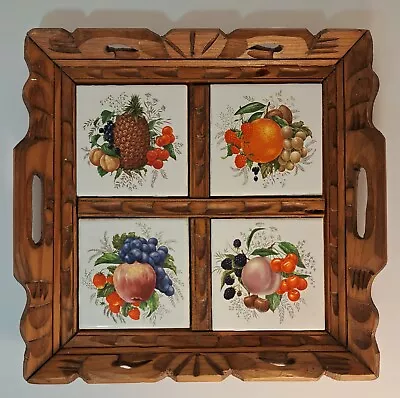 Vintage Mexican Hand Carved Wood & Ceramic Tile Serving Tray 13” X 13” Fruit • $22.50