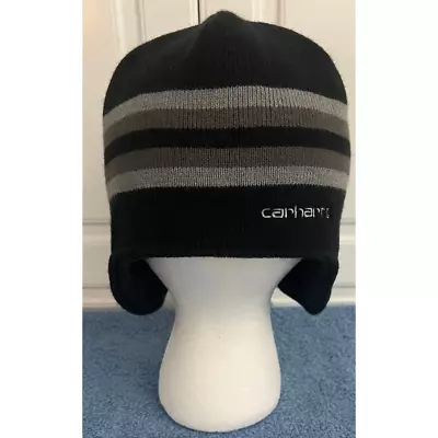 Carhartt Black Gray Knit Beanie/Hat Fleece Lined With Ear Flaps NWOT • $20