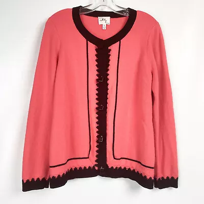 Milly New York Womens Large Cardigan Sweater Orange Black Wool Knit Long Sleeve • $29.99