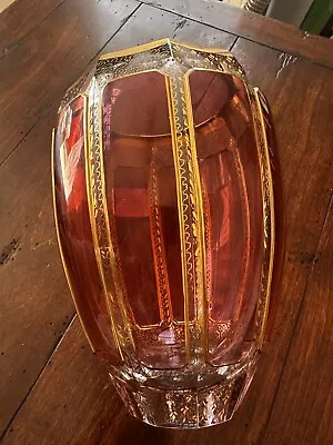 Antique Moser Bohemian Gilt Glass Cranberry Cabochon Czech Gold Vase STUNNING • $84