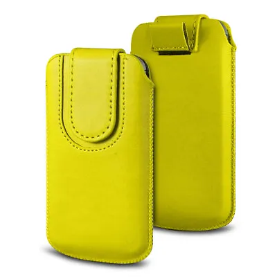 Magnetic PU Leather Pull Tab Flip Case Cover For Various Phones - Yellow (L) • £3.90