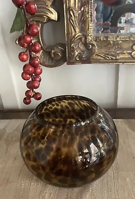 Vintage Leopard Spots Glass Vase Amber Fish Bowl Tortoise Shell 5” Tall 19” D • $28