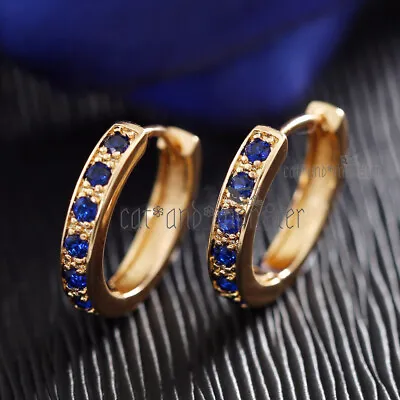 $12.97 • Buy 18k Gold Filled Womens Vintage Blue Sapphire Band Round Hoop Huggies Earrings