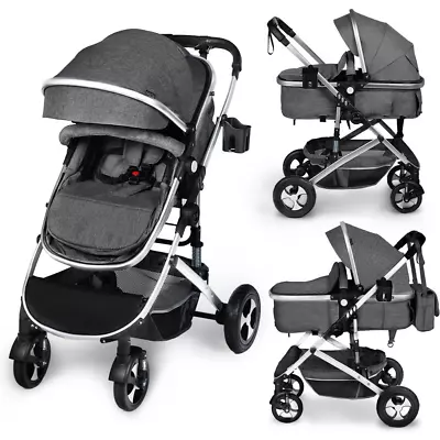 AILEEKISS 2-in-1 Convertible Baby Stroller: Folding Bassinet Pram Dark Grey • $223.04