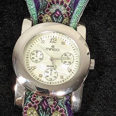 Minicci Womans Pearlized Dial Silver Tone Case Tapestry Style Band Watch 6.5 In • $16.79