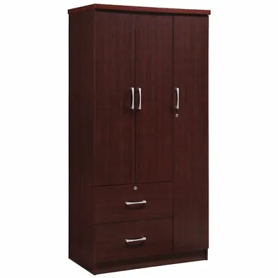 Hodedah 3 Door Armoire With 2 Drawers 3 Shelves In Mahogany Wood • $311.80