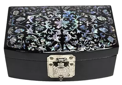 Mother Of Pearl Abalone Inlay Black Lacquer Wood Jewelry Box Mirror Turtle Latch • $31.99