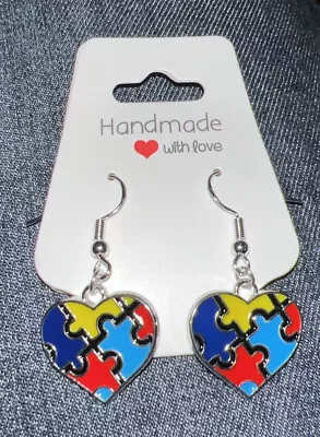 Handmade Autism Awareness Heart Puzzle Piece Earrings Sterling Silver 925 Hook • $5
