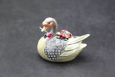 Bejeweled Enamel & Metal Swan Shaped Trinket Box With Rhinestones • $22