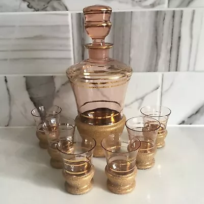 Vintage Pink Decanter And 6 Glasses With Thick Gold Band • $85