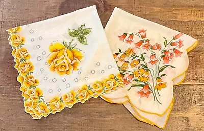 Set Of 2 Yellow White & Off-White Vintage Cotton Handkerchiefs With Roses Tulips • $12.99