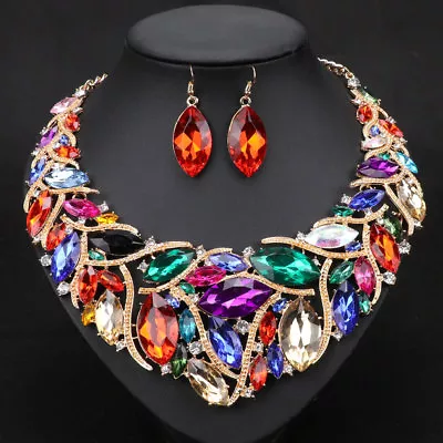 African Beads Promotion Wedding Jewelry Gold Plated Crystal Necklace And Earring • $14.99