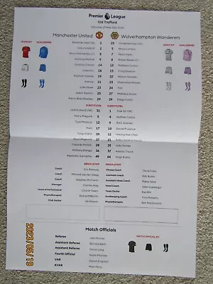 MAN UTD V WOLVES Sat 13 May 2023  (OFFICIAL PREMIER LEAGUE TEAM SHEET ONLY) • £1