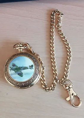 £19.99 • Buy 18ct Gold Plated Pocket Watch And Chain, RAF WW2 Spitfire. In Leather Case