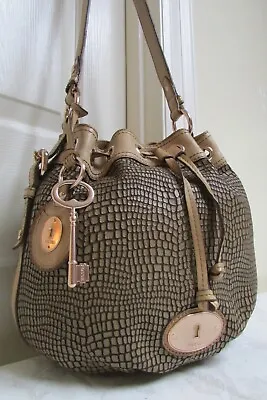 $45 • Buy Fossil Maddox Brown Leather Snake Print Drawstring Bucket Shoulder Bag Purse