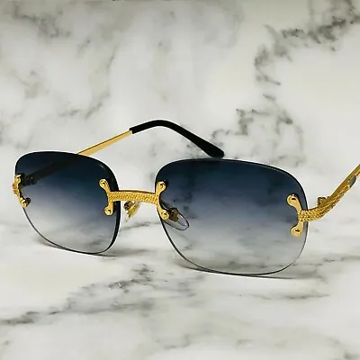 Designer Men Sunglasses Blue Lens Gold Metal Rimless Migos Hip Hop Eye Glasses • $14.99