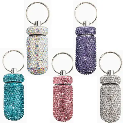 Rhinestone Bling Pill Box Holder Metal Capsule Case Bottle Keychain Top GORGEOUS • $12.95