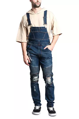 Men's Distressed Denim Carpenter Overalls Jumpsuits Moto Biker Jean Pants FR105 • $29.95