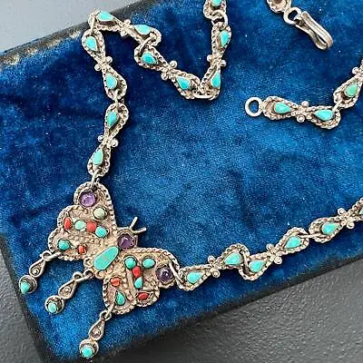 Vintage Mexican Sterling Silver Turquoise Amethyst Matl Style Butterfly Necklac • $610