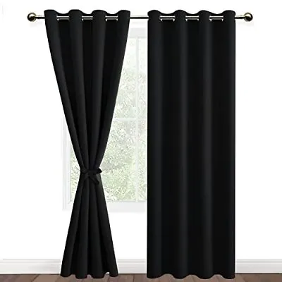DWCN Black Blackout Curtains With Tiebacks For Bedroom Thermal Insulated Solid E • £32.29