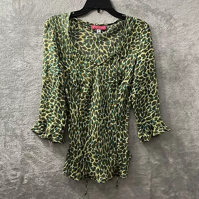 Alice & Trixie Silk Sheer Blouse Top Womans Medium Geometric Green 3/4 Sleeve • $11.50