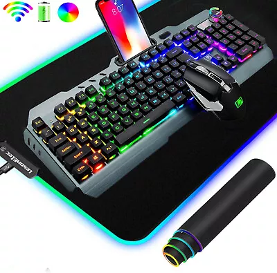 $27.89 • Buy Black Wireless Rechargeable Gaming Keyboard And Mouse And Mat Combo RGB Backlit