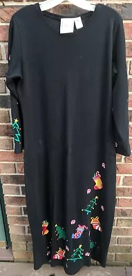 Michael Simon Lite Black LS Holiday Dress Embroidered Christmas M Trees.Stocking • $19