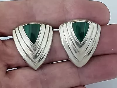 Vintage RM Sterling Silver & Malachite Stepped Post Earrings • $23.06