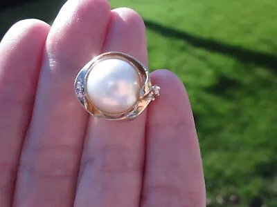 Vintage 14k YG 5g Genuine 14mm Mabe Pearl & Diamond Cabochon Ring Cocktail Sz 7+ • $375.99