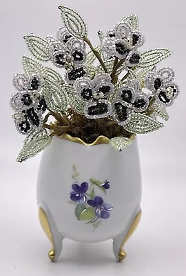 Vintage Limoges 3 Footed Vase Painted Purple Flowers Black & AB Beaded Flowers • $16.99