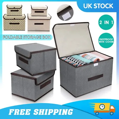 £7.99 • Buy 2pcs Foldable Canvas Storage Box Set Folding Tidy Fabric Clothes Basket With Lid