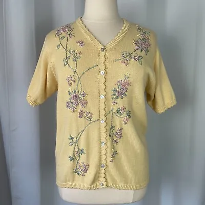 Alfred Dunner Cardigan Sweater Womens Size Large Pastel Short Sleeve Floral Vtg • $14.99