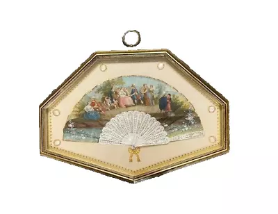 ANTIQUE Circa 1850 FRENCH CARVED MOTHER OF PEARL STICKS PAINTED FAN & PROVENANCE • $1295