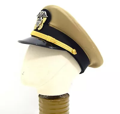 WW2 US Navy Officers Peak Cap Repro Dress Uniform Cap Military Army Tan Tropical • £28.99