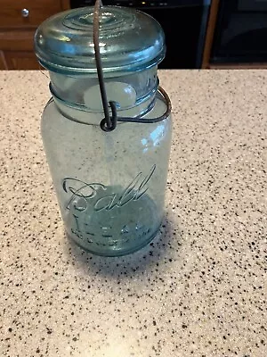 Vintage IDEAL Ball Mason Aqua Blue #1 Quart Jar W/Glass Wired Lid  Early 1900’s • $28