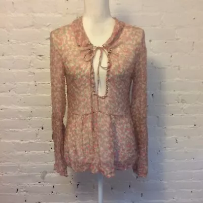 Marni Open Front Blouse Tie Neck Pink Floral Silk Size 40 • $34