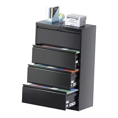 Lateral 4 Drawer File Cabinet Locking Metal File Cabinet W35.43-4 Drawer Black • $284.40