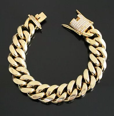 Mens Stainless Steel Iced Cuban Link Chunky Solid Bracelet Cz 14k Gold Plated • $24.99