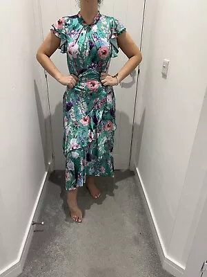 £40 • Buy Bnwt Lipsy Winnie Green Floral Print Flutter Sleeve Midaxi Satin Dress Size 16