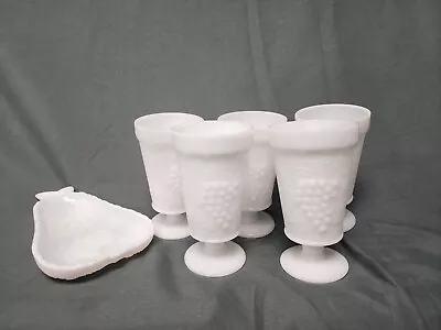 Set Of 6 Anchor Hocking Grape Leaf Milk Glass Set 5 Cups And 1 Tray • $27.50
